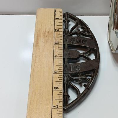 VINTAGE rustic - Farm White metal match box and an antique Dubuque Potts Cast Iron Trivet