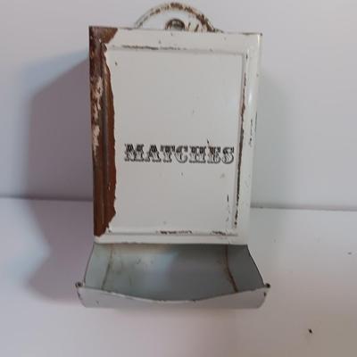 VINTAGE rustic - Farm White metal match box and an antique Dubuque Potts Cast Iron Trivet