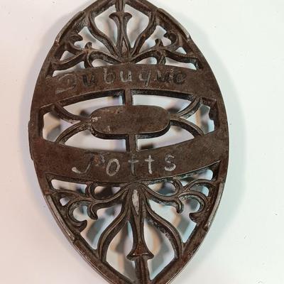 VINTAGE rustic - Farm White metal match box and an antique Dubuque Potts Cast Iron Trivet