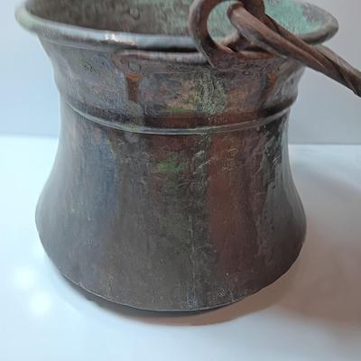 Large Primitive Antique Hammered Hanging Copper Pot Cauldron Kettle w/Iron hook Handle