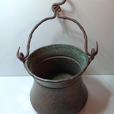 Large Primitive Antique Hammered Hanging Copper Pot Cauldron Kettle w/Iron hook Handle