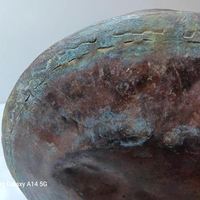 Large Primitive Antique Hammered Hanging Copper Pot Cauldron Kettle w/Iron hook Handle