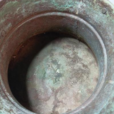 Large Primitive Antique Hammered Hanging Copper Pot Cauldron Kettle w/Iron hook Handle