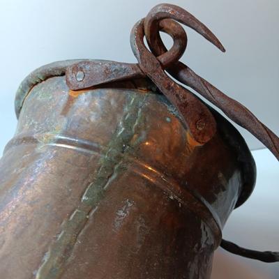 Large Primitive Antique Hammered Hanging Copper Pot Cauldron Kettle w/Iron hook Handle
