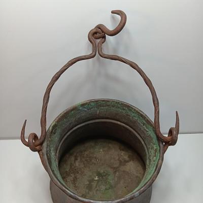 Large Primitive Antique Hammered Hanging Copper Pot Cauldron Kettle w/Iron hook Handle