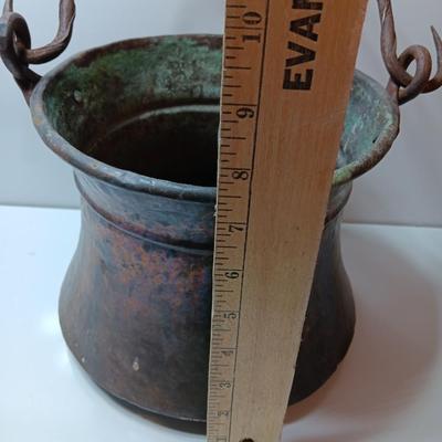 Large Primitive Antique Hammered Hanging Copper Pot Cauldron Kettle w/Iron hook Handle
