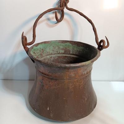 Large Primitive Antique Hammered Hanging Copper Pot Cauldron Kettle w/Iron hook Handle