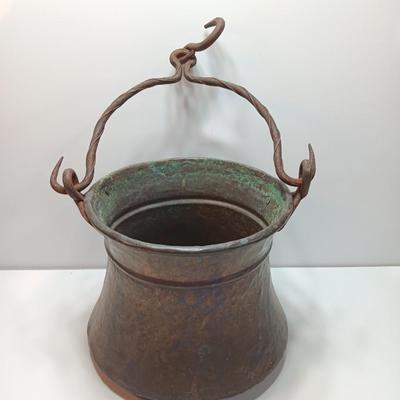 Large Primitive Antique Hammered Hanging Copper Pot Cauldron Kettle w/Iron hook Handle