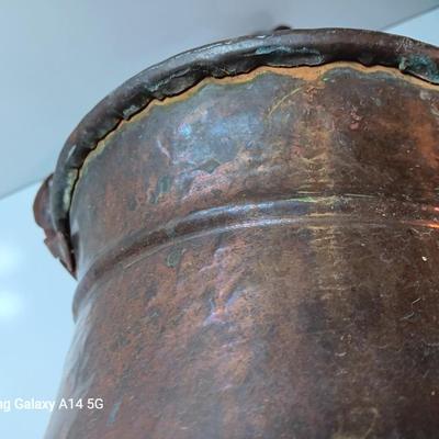 Large Primitive Antique Hammered Hanging Copper Pot Cauldron Kettle w/Iron hook Handle