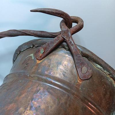 Large Primitive Antique Hammered Hanging Copper Pot Cauldron Kettle w/Iron hook Handle