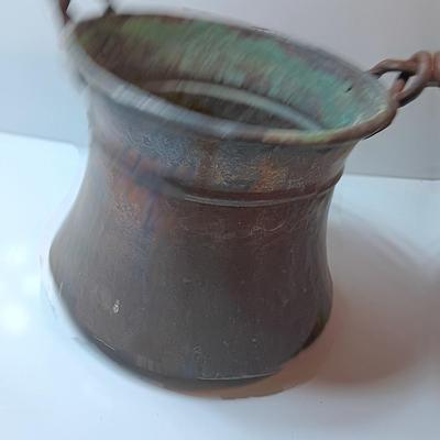 Large Primitive Antique Hammered Hanging Copper Pot Cauldron Kettle w/Iron hook Handle
