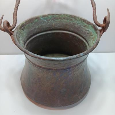 Large Primitive Antique Hammered Hanging Copper Pot Cauldron Kettle w/Iron hook Handle