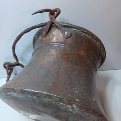 Large Primitive Antique Hammered Hanging Copper Pot Cauldron Kettle w/Iron hook Handle