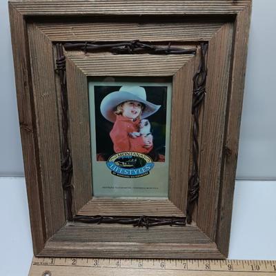 Western framed barnwood picture frame with faux barbed wire and barn wood framed horse picture