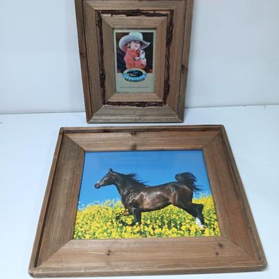 Western framed barnwood picture frame with faux barbed wire and barn wood framed horse picture