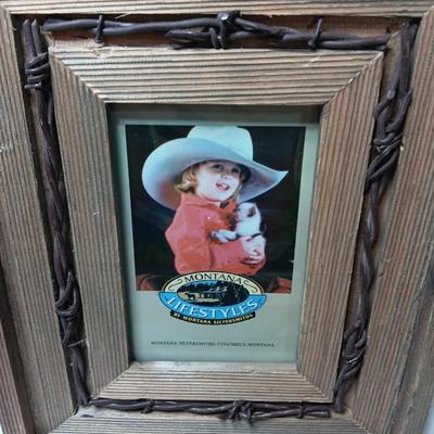 Western framed barnwood picture frame with faux barbed wire and barn wood framed horse picture