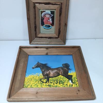 Western framed barnwood picture frame with faux barbed wire and barn wood framed horse picture