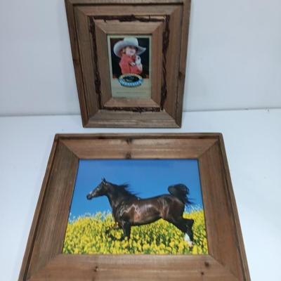 Western framed barnwood picture frame with faux barbed wire and barn wood framed horse picture