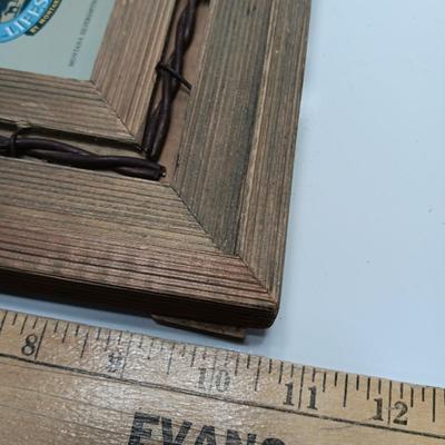 Western framed barnwood picture frame with faux barbed wire and barn wood framed horse picture