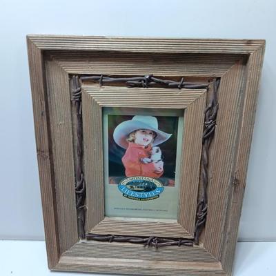 Western framed barnwood picture frame with faux barbed wire and barn wood framed horse picture