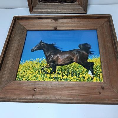 Western framed barnwood picture frame with faux barbed wire and barn wood framed horse picture