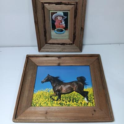 Western framed barnwood picture frame with faux barbed wire and barn wood framed horse picture