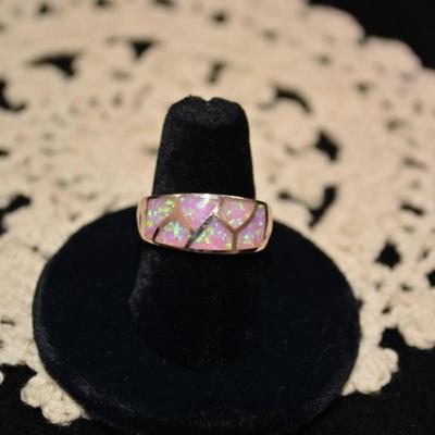 Gold-Tone 925 Sterling Ring with Opal Chips Size 8, 5.9g