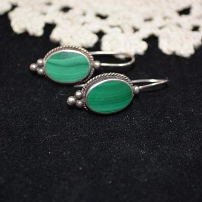 Vintage 925 Sterling Oval Malachite Drop Earrings 4.7g