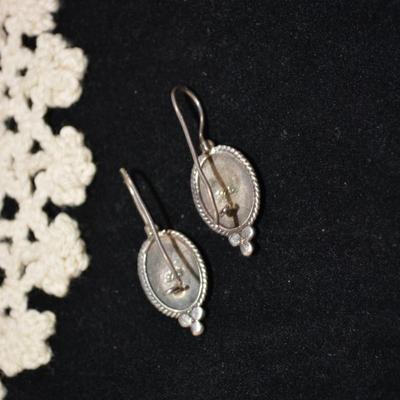 Vintage 925 Sterling Oval Malachite Drop Earrings 4.7g