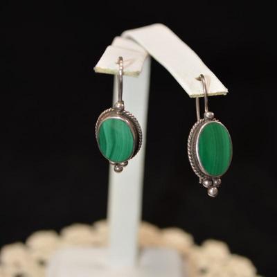 Vintage 925 Sterling Oval Malachite Drop Earrings 4.7g