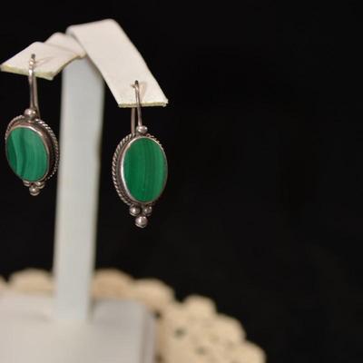 Vintage 925 Sterling Oval Malachite Drop Earrings 4.7g