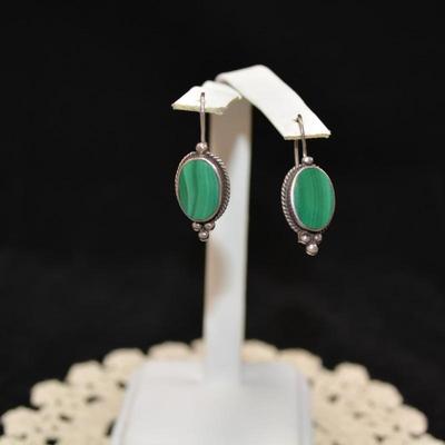 Vintage 925 Sterling Oval Malachite Drop Earrings 4.7g