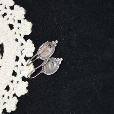 Vintage 925 Sterling Oval Malachite Drop Earrings 4.7g