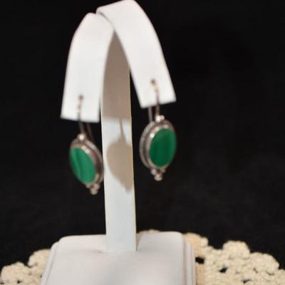 Vintage 925 Sterling Oval Malachite Drop Earrings 4.7g