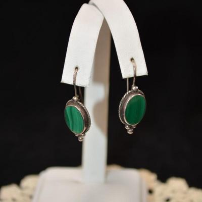 Vintage 925 Sterling Oval Malachite Drop Earrings 4.7g