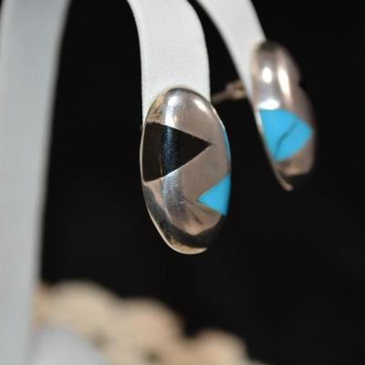 925 Sterling with Onyx & Turquoise Oval Earrings 9.3g