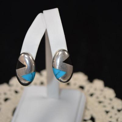 925 Sterling with Onyx & Turquoise Oval Earrings 9.3g