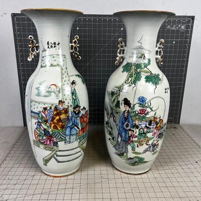 Antique Chinese Rose Famille Pair of JardiniÃ¨res or Baluster Vases~~