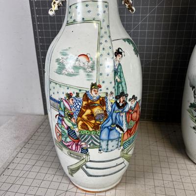 Antique Chinese Rose Famille Pair of JardiniÃ¨res or Baluster Vases~~