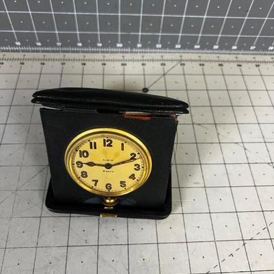 Antique ELGIN Travel Clock in Leather Case