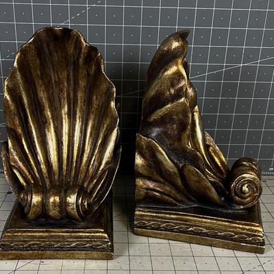 SHELL Book Ends, Antique Gold Resin Finish