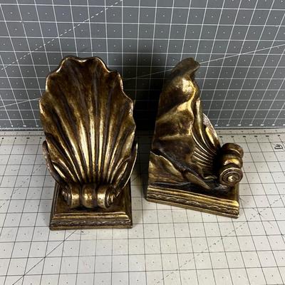 SHELL Book Ends, Antique Gold Resin Finish