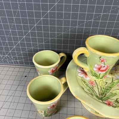 Floral Stoneware (Darling) 8 Coffee Cups PLUS + Desert Plate 