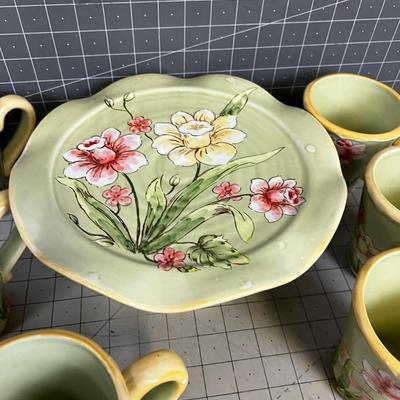 Floral Stoneware (Darling) 8 Coffee Cups PLUS + Desert Plate 