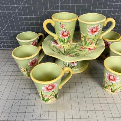 Floral Stoneware (Darling) 8 Coffee Cups PLUS + Desert Plate 