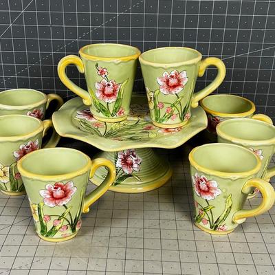 Floral Stoneware (Darling) 8 Coffee Cups PLUS + Desert Plate 