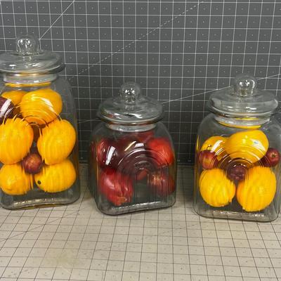 Cool Glass Canister Set with Faux Fruits 3 Pieces. 