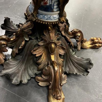 Spectacular Art Nouveau Bronze and Ceramic Table with a Marble Top 