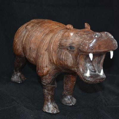 Vintage Leather Hippopotamus with Glass Eyes 13x8