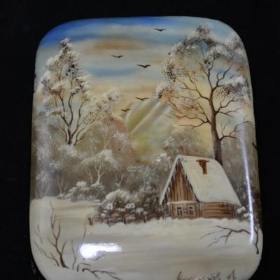 Eastern European Mother of Pearl Inlay Hinged Hand Painted Trinket Box 4x3x2